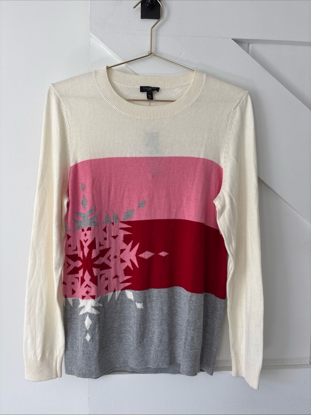 Talbots Petites Medium Woman’s Sweater Colorblock Snowflake Knit Stripe Casual